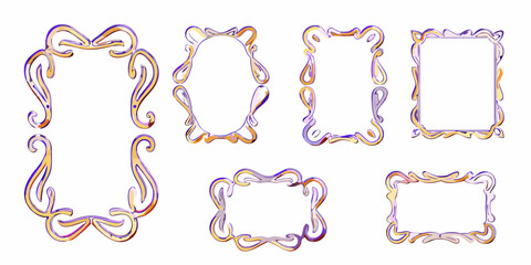 Collection of ornate decorative frames with flowing curves and vibrant purple and gold gradient colors