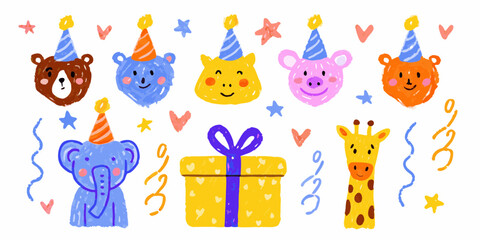 Naklejka premium Cute hand drawn animal faces wearing party hats with gifts and decorations for birthday celebration