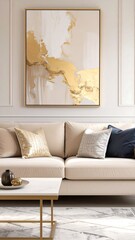 Abstract gold artwork on cream canvas, displayed on a beige sofa in a modern living room
