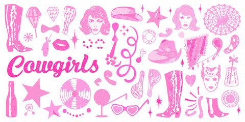 Pink cowgirl collage featuring boots hats faces lips stars and various western accessories
