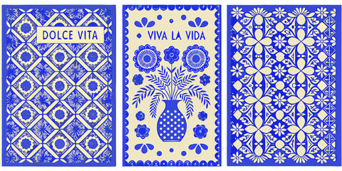 Three panels of blue and yellow folk art with floral patterns and text that says dolce vita and viva la vida
