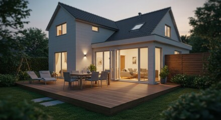 Evening serenity: A modern home with a backyard patio and dining area