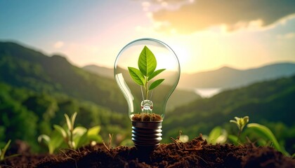 A lightbulb with a green plant inside sits in soil, symbolizing renewable energy against a mountain landscape at sunset