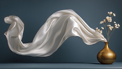 Elegant white fabric flowing from a golden vase with delicate flowers.