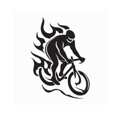 Fast Cyclist with Flames Silhouette Logo Vector isolated on white background