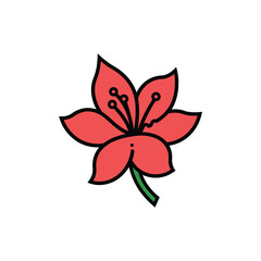 Single pink flower displaying delicate stamen and petals outlined in black on white background