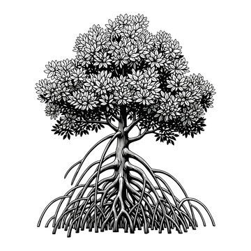 black white, vector illustration of a mangrove tree. Plain white background.