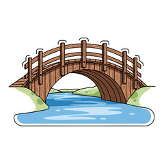 vector illustration of a wooden bridge crossing a river. Plain white background.