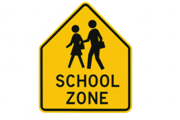 School zone road sign warning drivers about children crossing with transparent background