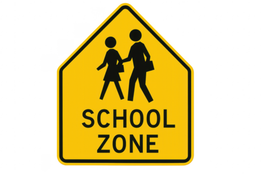 School zone road sign warning drivers about children crossing with transparent background