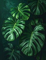Lush, verdant monstera leaves cascade against a deep, shadowy background, showcasing their intricate fenestrations and vibrant green hues