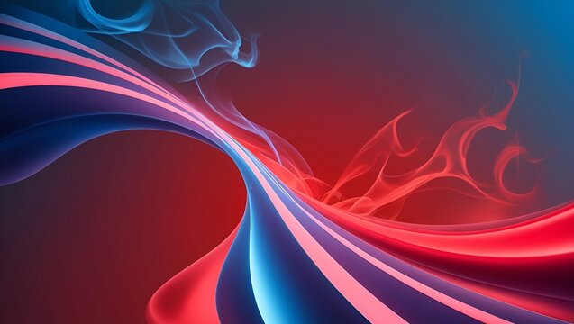 Blue and red abstract light waves glowing with soft transparency, curving in smooth flowing motion. A futuristic smoke pattern ideal for modern fantasy digital art backgrounds.