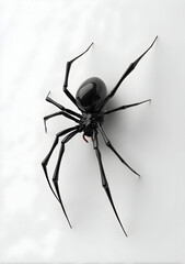 Black spider crawling on a white wall with its long legs, creating an eerie and unsettling atmosphere.