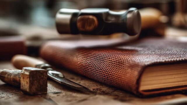 Medium shot of leather being wrapped around a hardcover book during the case binding process main focus on the textured leather while tools and workspace fade into the background.