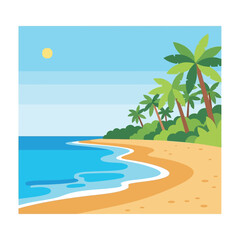 Obraz premium Vibrant cartoon illustration of a tropical beach with palm trees, blue ocean waves, golden sand, and a bright sun in a clear sky.