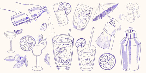 Hand drawn collection of summer cocktails and bar accessories in purple ink on a cream background