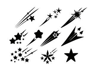 Naklejka premium hooting stars icon vector set. Abstract silhouette of shooting star. Meteorite and comet symbols. Flying comet with tail, falling meteor, abstract galaxy element. Cosmic shine. star vector design.