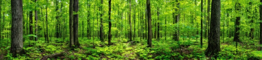A lush, green forest with sunlit undergrowth shows tall trees blending into the distance. Impressionistic blur effect
