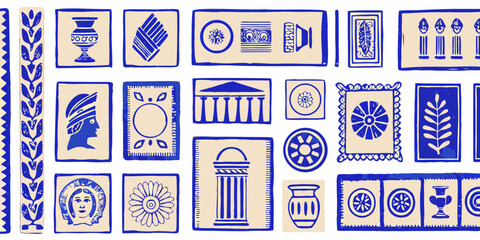 Collection of ancient greek inspired illustrations featuring vases columns portraits and floral motifs in blue and beige