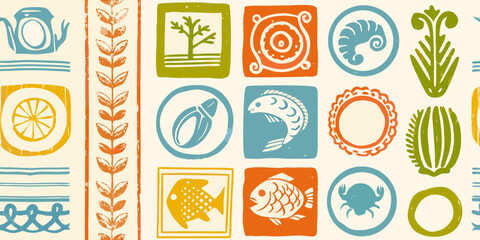 Retro scandinavian folk art style pattern with various icons and motifs © Smritykona