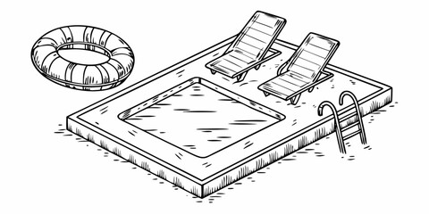 Hand drawn isometric illustration of a swimming pool with lounge chairs a swim ring and a ladder