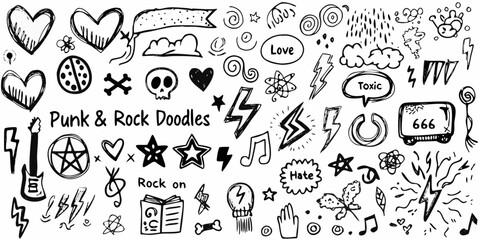 Collection of hand drawn punk rock doodles and symbols including hearts skulls lightning bolts and music notes © Smritykona
