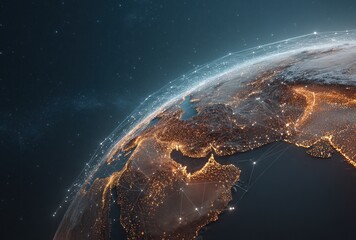 Earth with shimmering city lights is surrounded by a data mesh overlay on a dark, star-filled background
