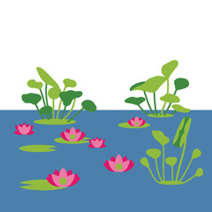 A serene pond scene with pink water lilies and green lily pads in a flat, minimalist illustration style.