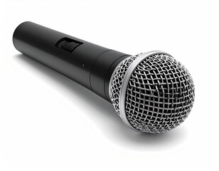 Sleek black microphone with a silver mesh head rests on a plain white surface, casting a subtle shadow beneath