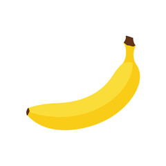 A bright yellow banana with a brown tip, isolated on a white background, showcasing its curved shape and smooth peel.