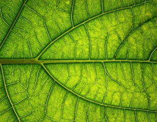 Close-up shot of a vibrant green leaf revealing intricate vein patterns and cell structure against a softly blurred light background