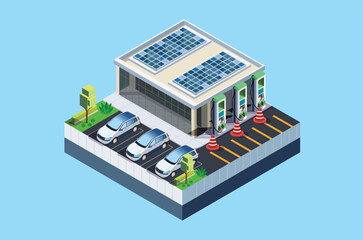 Obraz premium Isometric Charging electric cars at toll road rest area with fast supercharger stations and many charging points. Vehicles at renewable solar panel energy battery storage station on grid network. 