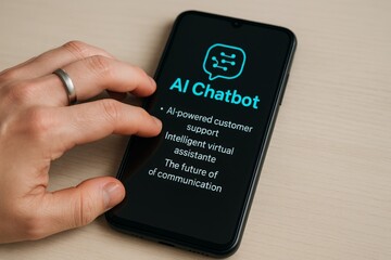 Hand Interacting with Smartphone Displaying AI Chatbot Virtual Assistant Features