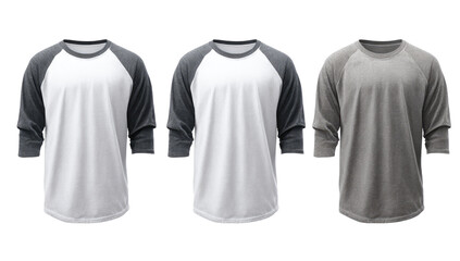 Three baseball-style t-shirts, in white, gray, and heather gray