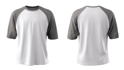 Front and back view of a blank, white t-shirt with gray raglan sleeves (1)