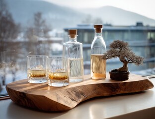 Whiskey and Bonsai Displayed on Wooden Tray with Bottles.