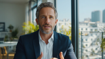 formal. Focused male professional at a minimalist desk, bathed in soft left-side window light. pitch deck slides, case study pages, designed for corporate presentation decks and stakeholder reports.