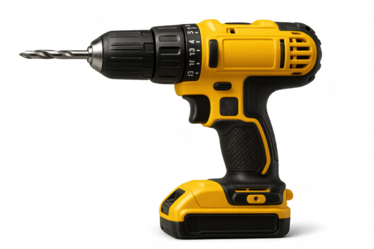 Yellow cordless screwdriver with drill bit on transparent background