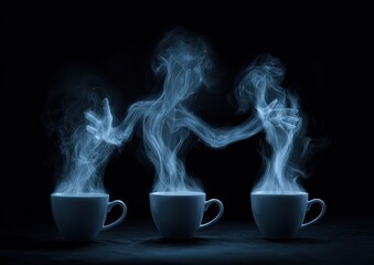 Ethereal figures formed from steam rising from three cups of hot beverage.