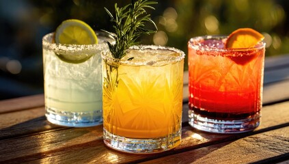 Three colorful refreshing cocktails garnished with lime rosemary and orange slices on a wooden table.