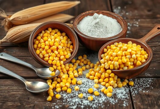 Golden corn kernels spill from rustic wooden bowls, spoons rest nearby, cornmeal dusted on aged wood,  country,   cornflour