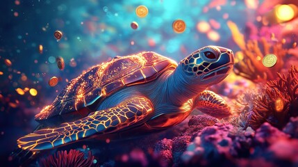 A futuristic golden sea turtle under sea, a magical underwater world, Alien marine life, glowing coral reef, surrounded by casino elements