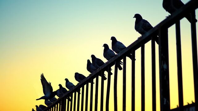 Pigeons line up on a railing at sunrise