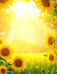 Obraz premium Radiant sunflowers frame a luminous golden field under a bright, ethereal sun, with green foliage adding contrast in a sunlit scene