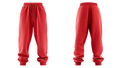 Red sweatpants, front and back views,  showing drawstring waist