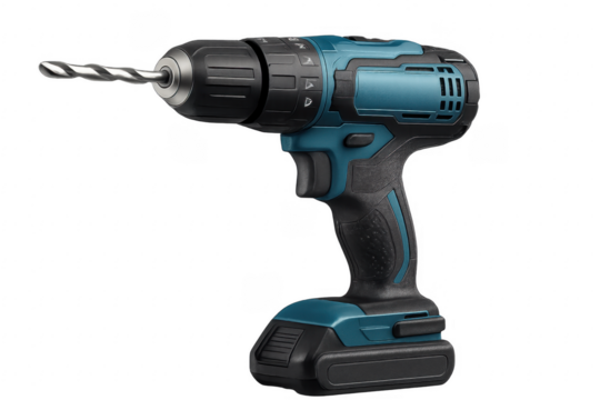 Cordless drill with drill bit on transparent background