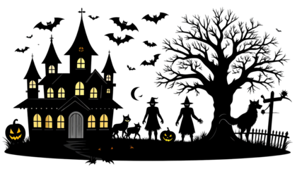 Haunted house at night with spooky tree