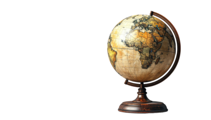 Antique-style world globe on a wooden stand.  A classic representation