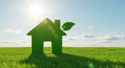 Symbol of green home on lush meadow under radiant sunshine representing eco-friendly housing