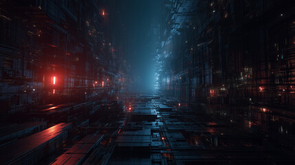 A space resembling a construction site photographed at night between buildings